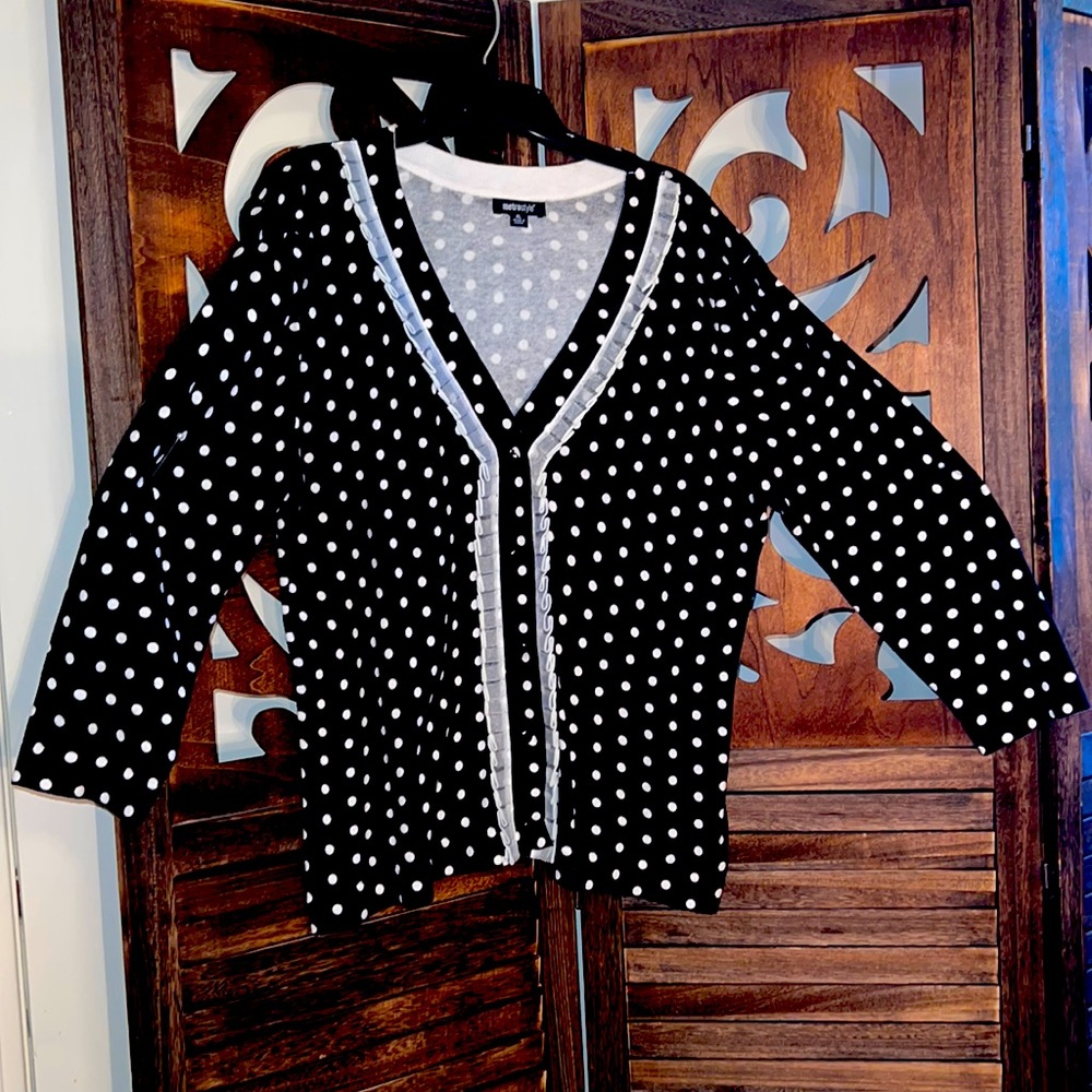 EUC Metrostyle black and white polka dotted cardigan with organza pleated ruffle
